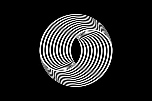 3D logo design abstract black and white circles, geometric pattern with visual distortion effect. Illusion of rotation. Op art. Vector isolated on black background