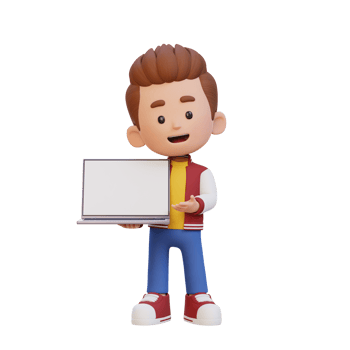 3D kid Character Holding and Presenting to a Laptop with Empty Screen png