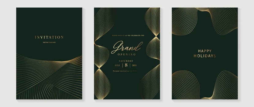 Luxury invitation card background vector. Golden elegant geometric pattern, gold line on dark green background. Premium design illustration for wedding and vip cover template, grand opening, gala. vector