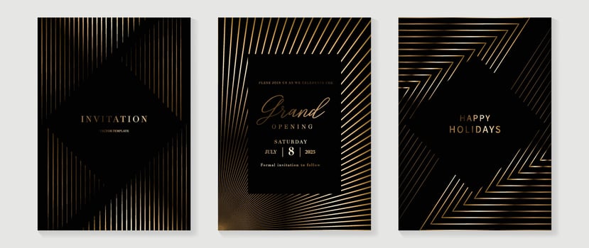 Luxury invitation card background vector. Golden elegant geometric shape, gold lines gradient on dark background. Premium design illustration for gala card, grand opening, party invitation, wedding. vector