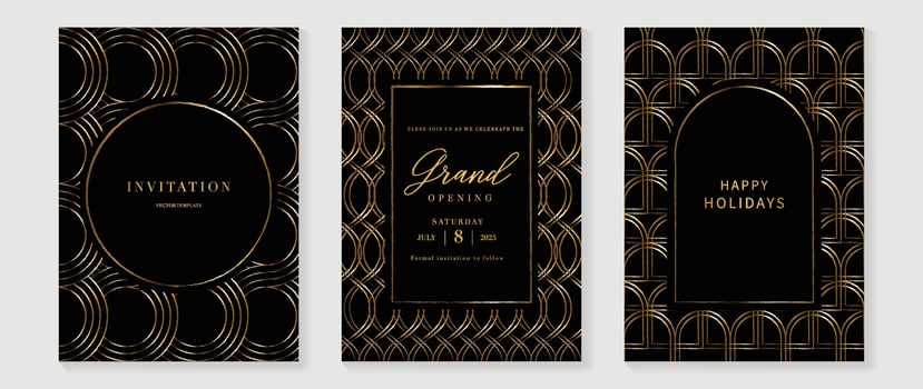 Luxury invitation card background vector. Golden elegant geometric shape, gold lines gradient on dark background. Premium design illustration for gala card, grand opening, party invitation, wedding. vector