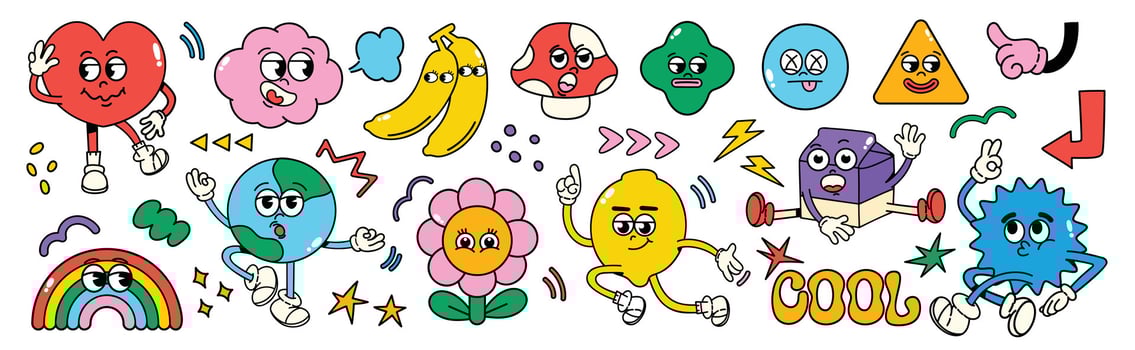 Set of 70s groovy element vector. Collection of cartoon characters, doodle smile face, heart, rainbow, cloud, world, banana, mushroom, lemon. Cute retro groovy hippie design for decorative, sticker. vector