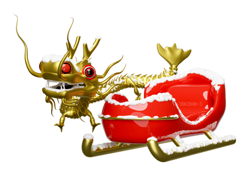 3d Christmas sleigh for santa claus with gold chinese dragon. merry christmas and happy new year, 3d render illustration png