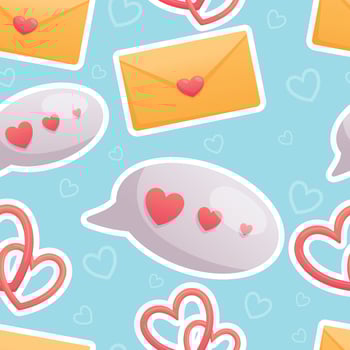 Valentines day cute stickers. Bubble speech and envelope with hearts, love holiday message card. Vector seamless cartoon pattern.