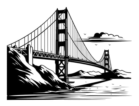 Golden Gate Bridge across the strait. San Francisco. Vector illustration in engraving style. Stencil