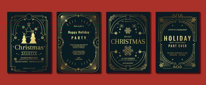 Luxury christmas invitation card art deco design vector. Christmas tree, bell, snowflake, firework line art on dark and light background. Design illustration for cover, print, poster, wallpaper. vector
