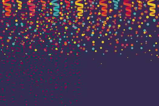 Colored confetti on purple. Horizontal placement of elements. Festive vector background in flat cartoon style