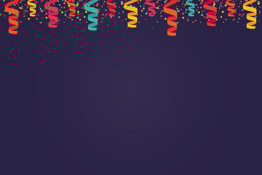 Colored confetti on purple. Horizontal placement of elements. Festive vector background in flat cartoon style