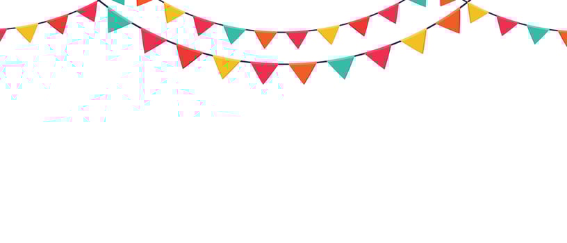 Garland of colored flags horizontal banner. Carnival garlands entertainment events. Festive vector background in flat cartoon style on a white background