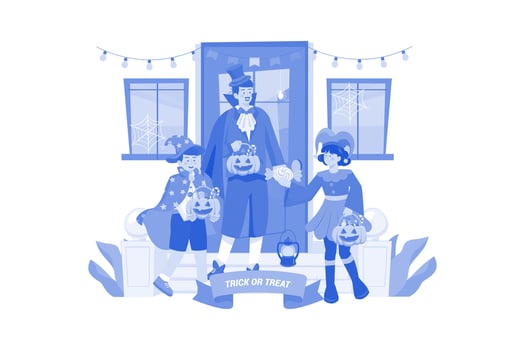 Dad And Kids Are Doing Trick Or Treat And Having Fun On Halloween vector