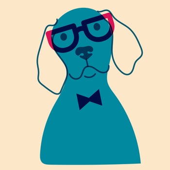 Dog, puppy in glasses. Avatar, badge, poster, logo templates, print. illustration in a minimalist style with Riso print effect. Flat cartoon style vector