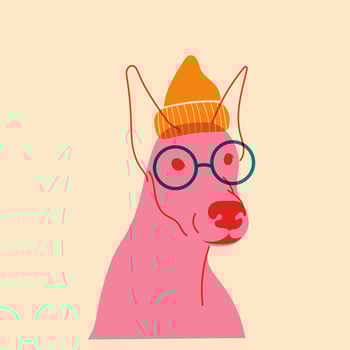 Dog, puppy in glasses. Avatar, badge, poster, logo templates, print. illustration in a minimalist style with Riso print effect. Flat cartoon style vector