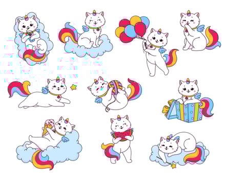 Cute cartoon caticorn characters, kitty unicorns vector