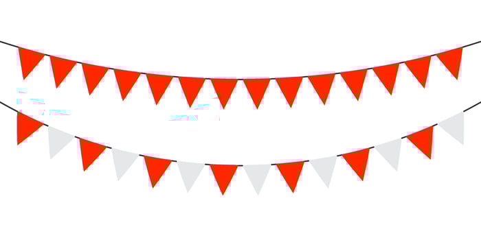 Flag garlands. Festive bunting. Triangle banners. Birthday decoration. Background decor for celebration. Red, white color. Vector sign.