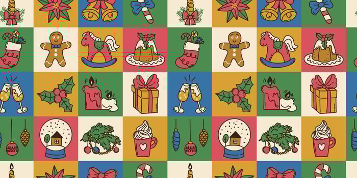 Colorful seamless pattern with doodle elements of Merry Christmas in shape square, hand drawn style and vintage colors. Toy horse, bells, cookies, gift box, candles. For textile, wrapper, background. vector