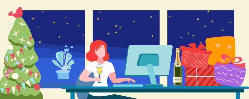 Christmas, girl at the computer, buying New Year gifts online vector