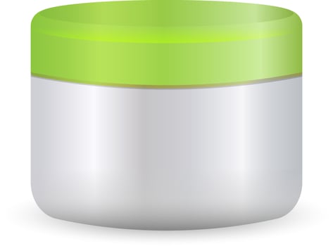 Round white plastic jar with green lid for cosmetics - body cream, butter, scrub, bath salt, gel, skin care, powder. EPS10. Realistic packaging mockup template. vector