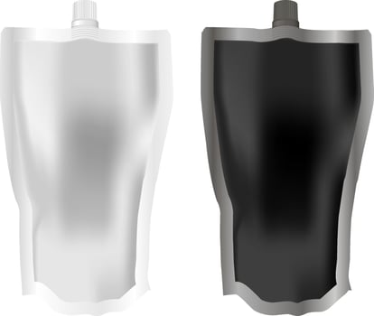Set of black and white disposable Spout pouch with cap. Realistic eps10 illustration. Sachet for liquid soap, lotion, cream, gel. Plastic packaging mockup for food jam, marmalade, conserve, sauce. vector