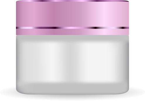 Round white matt glass jar with colored plastic lid for cosmetics - body cream, butter, scrub, bath salt, gel, skin care, powder. Realistic 3d packaging mockup template. vector