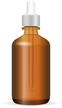 Brown glass cosmetic bottle with dropper. Vector illustration. Jar for medicine, liquid, aroma oil. Realistic Transparent Packaging.