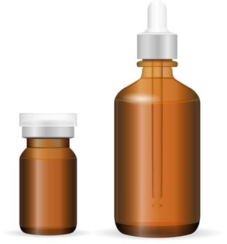 Brown glass or plastic bottle set for cosmetics, medicine. EPS Vector illustration. Injection and dropper bottles isolated on background.