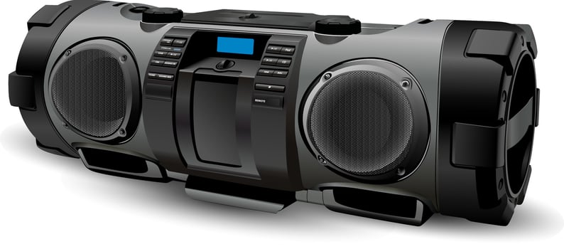 Street style portable hifi Stereo system recorder. Modern realistic Boombox mockup in silver and grey colours. Hip hop, Rap, Rock, pop culture. Vector illustration isolated on white background.