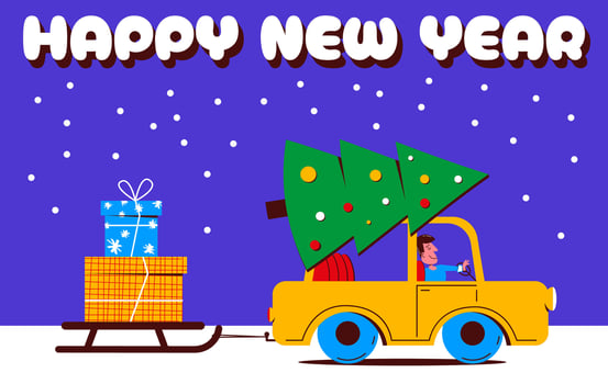 New Year illustration in flat style. A man's character is driving a car, there is a Christmas tree on the roof, and a sleigh with gifts is tied to the car. Christmas mood. Vector cute illustration.