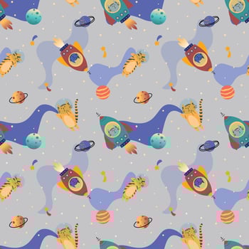 Seamless pattern with various astronaut cats in helmets, spacesuits, playing among the stars in space. Spaceships. Vector illustration