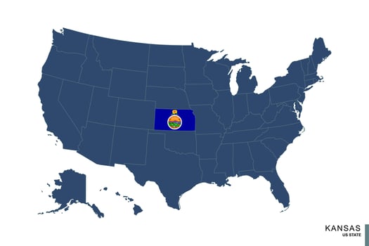 State of Kansas on blue map of United States of America. Flag and map of Kansas. vector