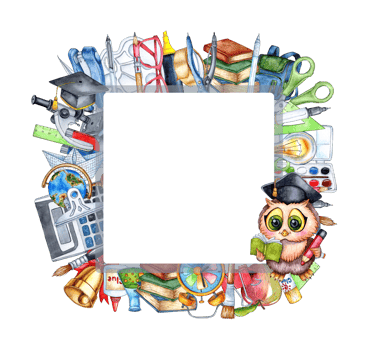 Watercolor illustration square frame with students, school supplies, equipment, stationery and smart owlet. Back to school. Education concept isolated. hand drawn. png