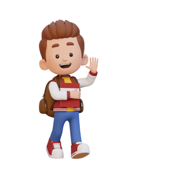 3D happy kid character walking go to school holding book and waving hand png