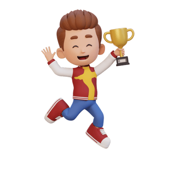 3D kid character celebrating win holding a trophy png