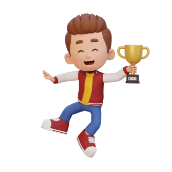 3D kid character celebrating win holding a trophy png
