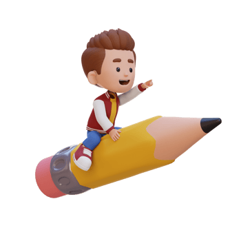 3D kid character riding a pencil and pointing hand png
