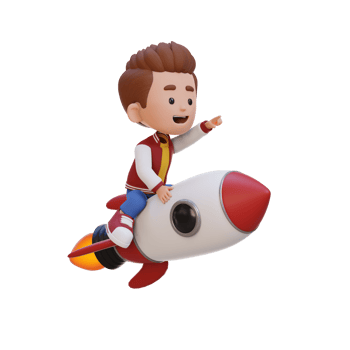 3D kid character riding a rocket and pointing hand png