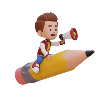 3D kid character riding a pencil and holding megaphone png