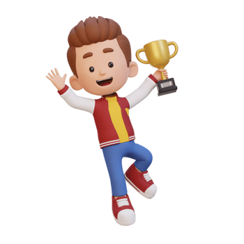 3D kid character celebrating win holding a trophy png