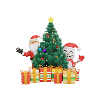 3d rendering Santa with surprise snowman behind christmas tree png