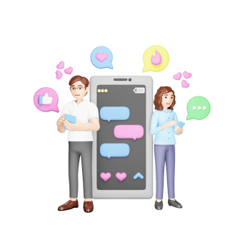 Digital Love Story - 3D Cartoon Characters Chatting on Mobile png