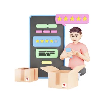 Customer Satisfaction - 3D Character Illustration of Man Giving 5 Star Review for Shipment png