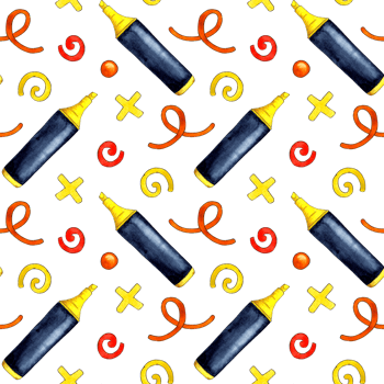 Watercolor illustration of a pattern of yellow marker and doodles. Marker for children's creativity. Work tool. Back to School Writing supplies for posters, posters, postcards, holiday decor. png