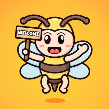 cute cartoon bee holding a sign and saying welcome vector