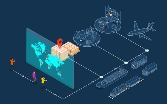 3D isometric Global logistics network concept with Transportation operation service, Export, Import, Cargo, Air, Road, Maritime delivery. Vector illustration EPS 10
