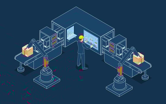 Industry 4.0 concept with Warehouse worker and Robotic arm raises package and stacks them on belt conveyor. Vector illustration eps10