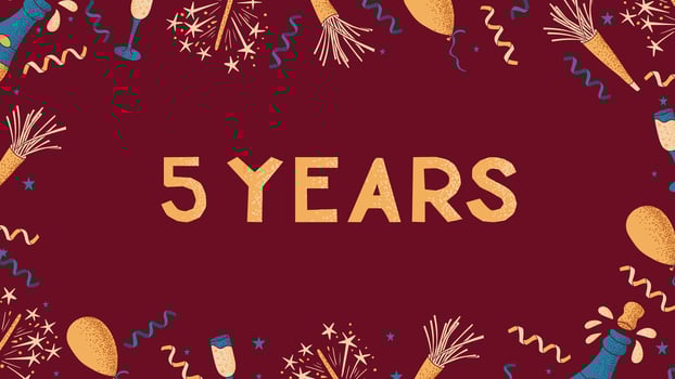 Vector greeting banner with text 5 Years. Flat composition for anniversary, birthday or wedding. Template of print design with celebrating elements with dotted texture on dark red background.