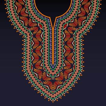 Symmetrical neckline pattern for dashiki shirt with Celtic motifs and colorful geometric shapes on the dark blue background vector