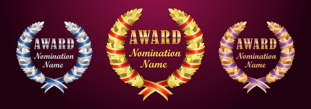 Set of awards. Cup design. Shiny laurel branches with decorative ribbons. Realistic 3D rewards. Golden, silver and bronze award. Medal template. Round wreath. Heraldic elements. Isolated graphic. vector