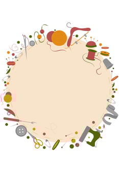 Round frame with sewing accessories and embroidery items isolated on a white background. Embroidery threads, buttons, needles with place for your text. vector
