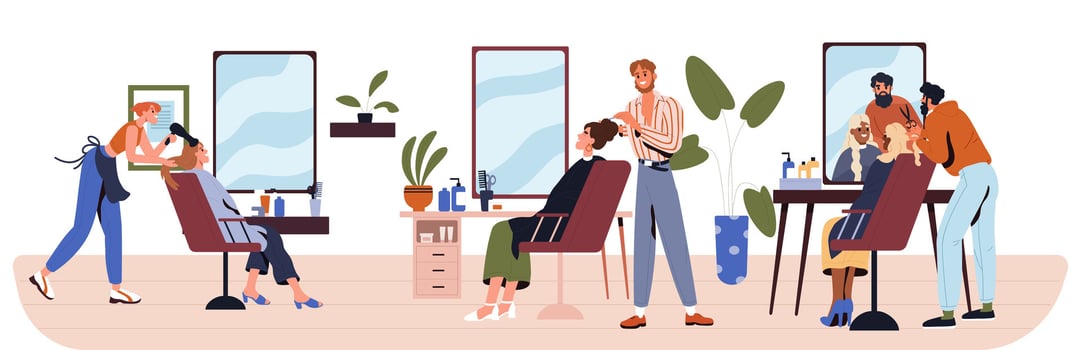 Hairdressers and clients in the salon. Haircut, hair style. Male and female stylists. Beaty sphere concept. Salon interior. Flat vector illustration.