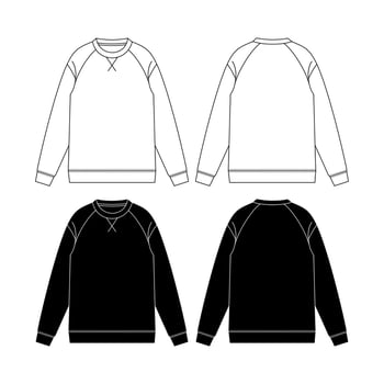 Men's long sleeve Crew neck T Shirt flat sketch fashion illustration drawing template mock up with front and back view vector